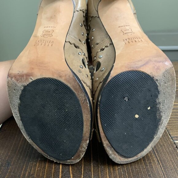 Stuart Weitzman Dove Leather Silver Studded Lace Up Open Toe Booties 7.5M - Picture 7 of 12